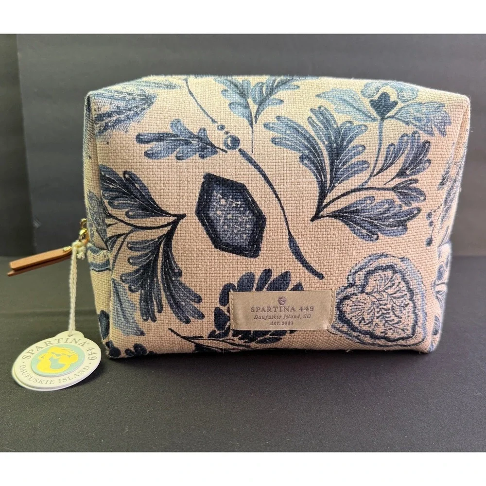 Spartina 449 Floral Linen Cosmetic Bag Blue Cream Toile Makeup Pouch Travel Case